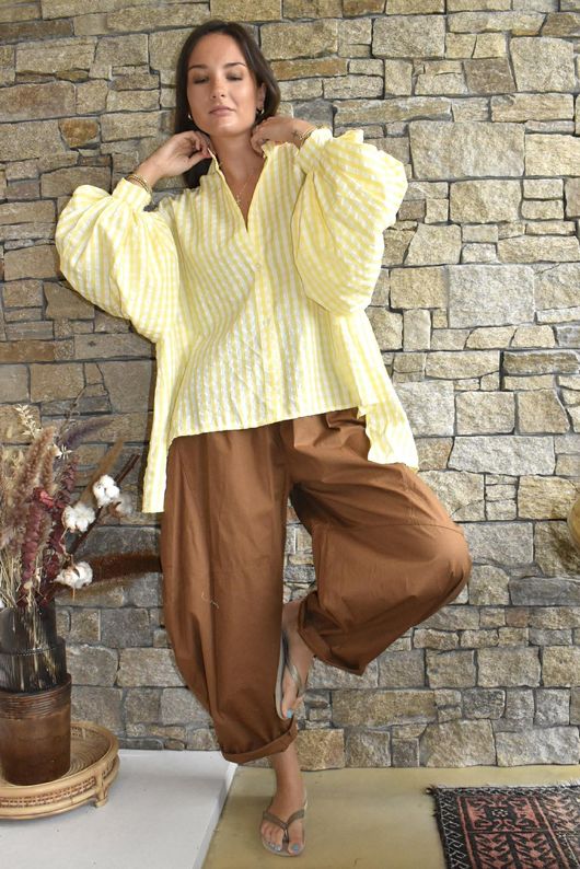Ginny Gingham Balloon Sleeve Blouse Lemon